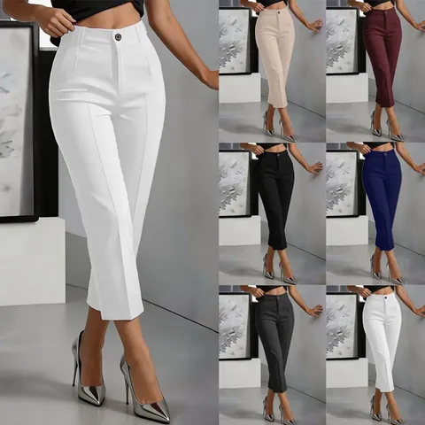 Dames Hoge Taille Slim Fit Pantalon Zakelijk Casual Kantoor Enkellange Broek Effen Kleur Polyester Geklede Broek