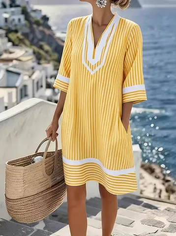 Women V Neck Bohemian Printed Loose Beach Dress Striped Midi A-Line Short Sleeve Sunscreen Cover Up Vacation Top And Bottom