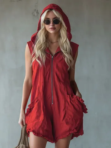 Women's Vintage Polyester Hooded Zipper Sleeveless Short Jumpsuit Patchwork Loose Casual Romper With Ruffle Pockets For Women