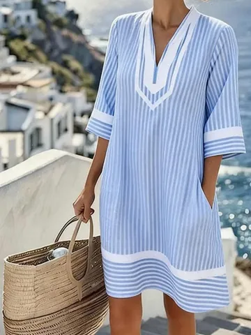 Women V Neck Bohemian Printed Loose Beach Dress Striped Midi A-Line Short Sleeve Sunscreen Cover Up Vacation Top And Bottom