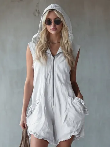 Women's Vintage Polyester Hooded Zipper Sleeveless Short Jumpsuit Patchwork Loose Casual Romper With Ruffle Pockets For Women