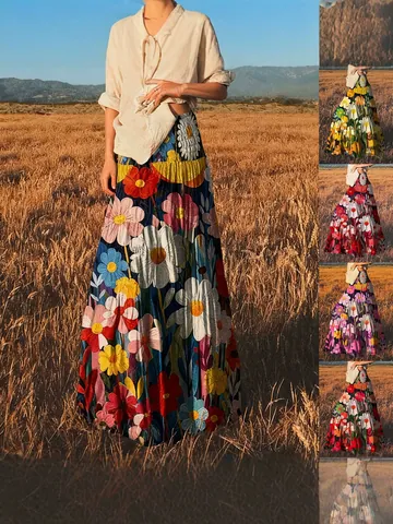 Women's Bohemian Floral Print Maxi Skirt Elegant Oil Painting Style A-line Long Skirt With Elastic Waist Beach Holiday Wear