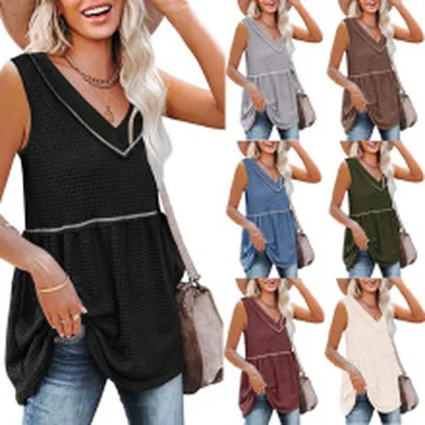 Damen Waffelstrick Ärmellos V-Ausschnitt Top Casual Volantsaum Babydoll Tanktop Lose Sommer Mode Einfarbig Ärmellos Bluse