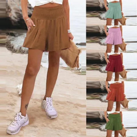 Damen Casual Hohe Taille Elastische Shorts Weites Bein Einfarbig Bequem Sommer Strand Polyester Bekleidung Unterteil