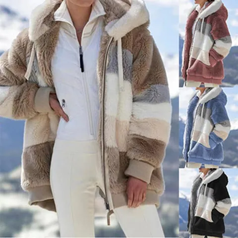 Giacca da Donna in Sherpa Fleece Con Cappuccio Blocchi di Colore Cerniera Cappotto di Peluche Autunno Inverno Patchwork Caldo