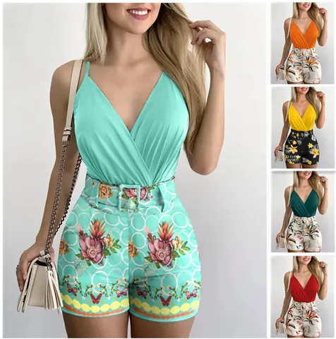 Women V-Neck Cami Tank Top And Plant Print Shorts Set With Belt Summer Tropical Floral Two Piece Beach Outfit Top And Bottom