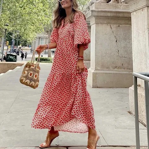Damen Herbst Geometrisches Patchwork Puffärmel Maxi Kleid Street Style Plus Size V-Ausschnitt Bedrucktes Stufenkleid Boho Freizeitkleid