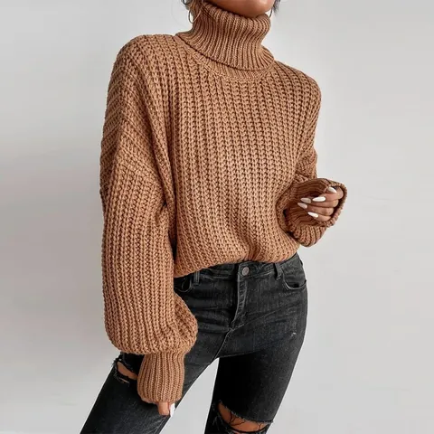 Women's Oversized Chunky Knit Sweater Turtleneck Drop Shoulder Long Sleeve Pullover Loose Fit Solid Color Warm Acrylic Jumper Top