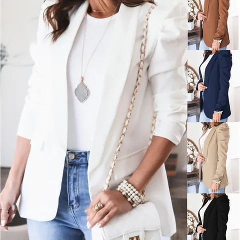 Women's Slim Fit Puff Sleeve Blazer Long Sleeve Lapel Solid Color Office Jacket Professional Commuting Outerwear