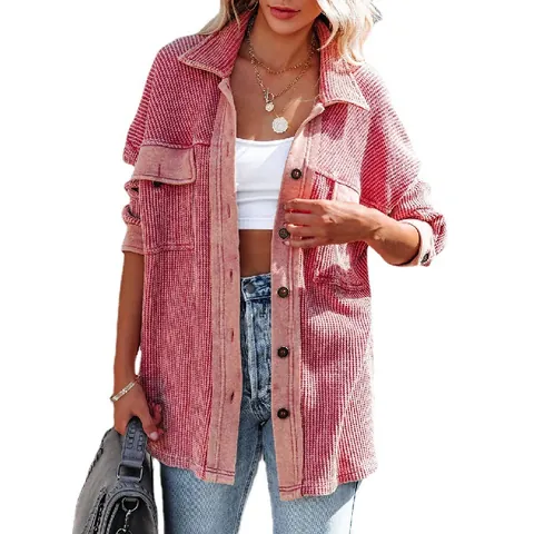 Women Casual Waffle Knit Cardigan Jacket Lapel Single Breasted Long Sleeve Solid Color Pocket Streetwear Knitwear Top