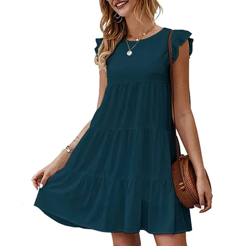 Dames Zomer Casual Katoenen Strokenjurk Mouwloos Ronde Hals Ruffle Mouw Effen Kleur Gelaagde Midi Jurk Voor Vakantie