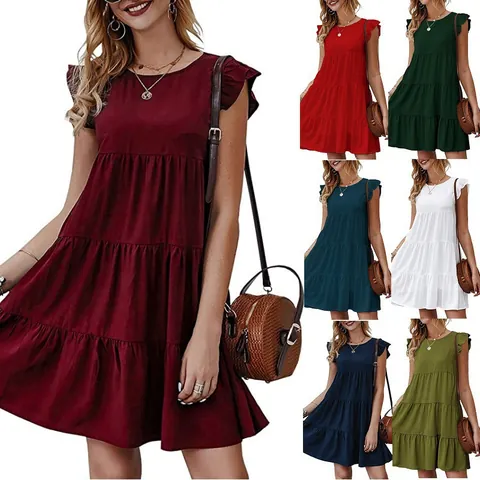 Dames Zomer Casual Katoenen Strokenjurk Mouwloos Ronde Hals Ruffle Mouw Effen Kleur Gelaagde Midi Jurk Voor Vakantie