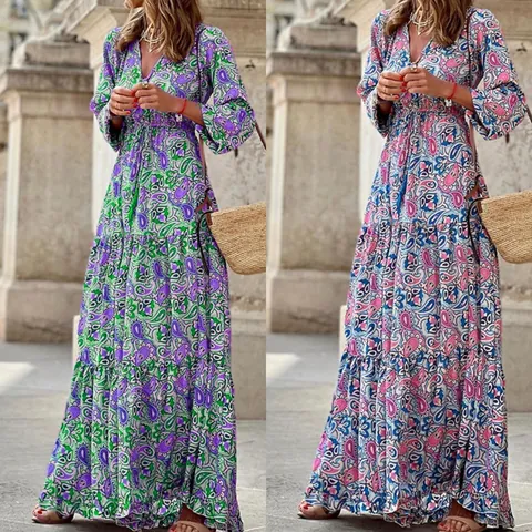 Damen Bohemian Paisley Blumendruck V-Ausschnitt Maxikleid Urlaub Langarm Kordelzug Taille Gestuftes A-Linie Strandkleid