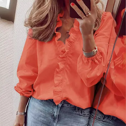 Camicetta da Donna Casual con Colletto a Volant e Manica a Lanterna in Poliestere Stampata Tinta Unita Pullover Top Moda