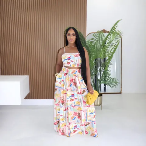 Ensemble Deux Pièces Vacances Femmes Imprimé Tropical Haut Bandeau Smocké Et Jupe Longue Évasée Bretelles Réglables Tenue De Plage