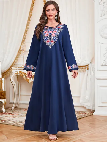 Women Ethnic Floral Embroidered Kaftan Maxi Dress Elegant Long Sleeve Loose Beaded Abaya Party Evening Gown Gowns