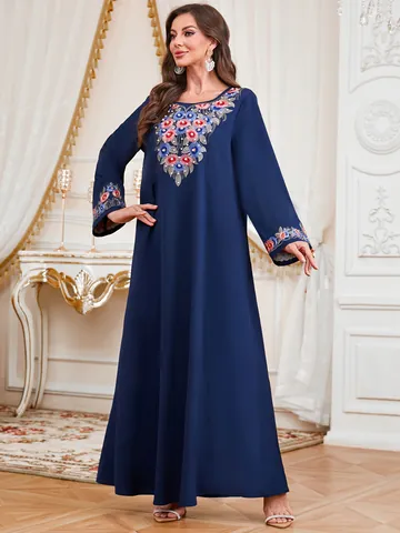 Women Ethnic Floral Embroidered Kaftan Maxi Dress Elegant Long Sleeve Loose Beaded Abaya Party Evening Gown Gowns