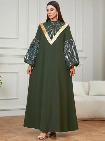 Women Elegant Polyester Bronzing Sequin Patchwork Robe Dress Lantern Sleeve Middle Eastern Muslim Party Evening Gown Top And Bottom