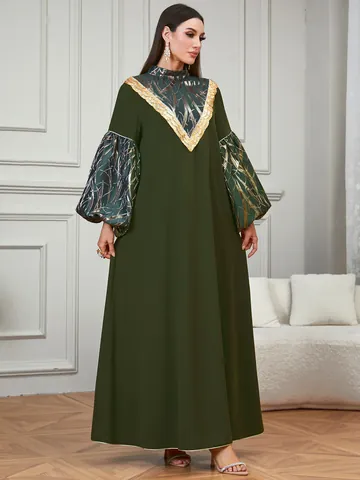 Women Elegant Polyester Bronzing Sequin Patchwork Robe Dress Lantern Sleeve Middle Eastern Muslim Party Evening Gown Top And Bottom