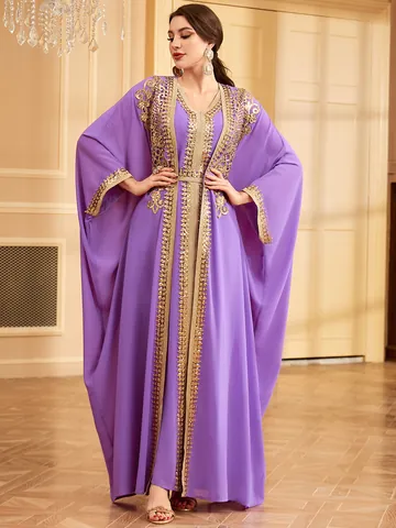 Women Elegant Purple Ethnic Kaftan Top And Bottom Sequin Embroidery Appliqué Formal Long Dress Robe With Belt Polyester Gown