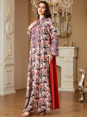 Ethnic Embroidery Jalabiya Long Sleeve Maxi Dress Orange Print Muslim Abaya Evening Party Gown Elegant Bohemian Robe For Women