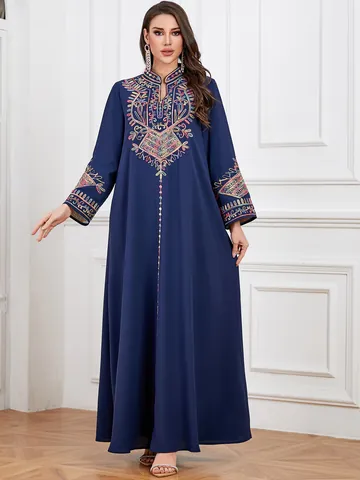 Women Elegant Ethnic Style Rope Embroidery Maxi Dress Long Sleeve Navy Blue Polyester Evening Gown Traditional Robe For Formal Party