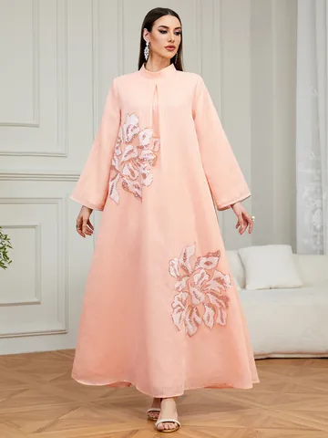 Elegante Vestido Largo Bordado Rosa Albaricoque para Mujer Cuello Alto Suelto Floral Lentejuelas Abaya Fiesta Noche Túnica Étnica