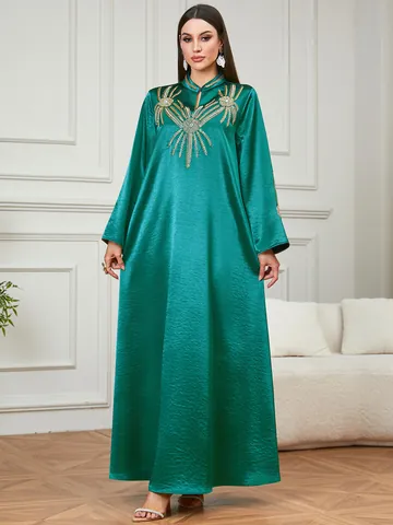 Vestido Maxi Elegante de Estilo Étnico para Mujer Bordado Verde Caftán de Satén con Cuentas Manga Larga Vestido de Fiesta Formal
