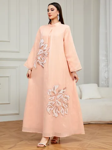 Elegante Vestido Largo Bordado Rosa Albaricoque para Mujer Cuello Alto Suelto Floral Lentejuelas Abaya Fiesta Noche Túnica Étnica