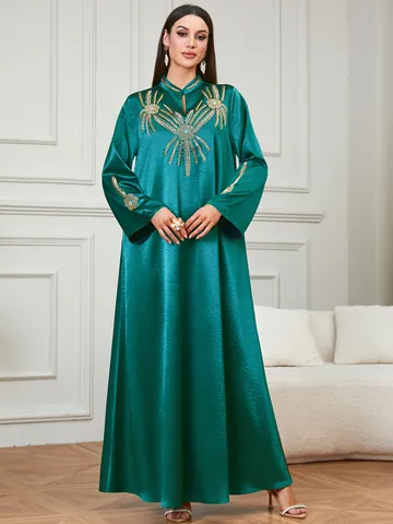Vestido Maxi Elegante de Estilo Étnico para Mujer Bordado Verde Caftán de Satén con Cuentas Manga Larga Vestido de Fiesta Formal