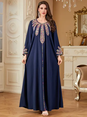 Women Elegant Turkish Style Embroidered Abaya Dress Loose Long Sleeve Polyester Maxi Dress For Party Daily Retro Ethnic Robe