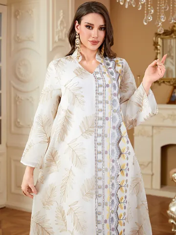 Women Elegant Ethnic Embroidered Abaya Robe Polyester V-Neck Long Sleeve Maxi Dress Floral Leaf Embroidery Party Kaftan