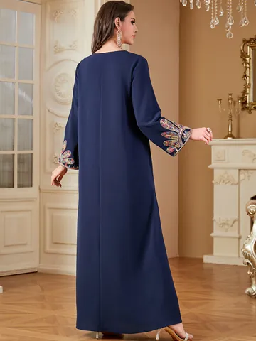 Women Elegant Turkish Style Embroidered Abaya Dress Loose Long Sleeve Polyester Maxi Dress For Party Daily Retro Ethnic Robe