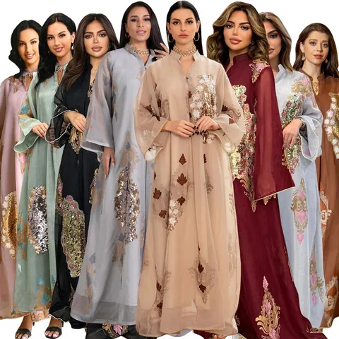 Γυναικείο Abaya Kaftan Maxi Φόρεμα με Πούλιες και Κέντημα Μακρυμάνικο V-Λαιμόκοψη Επίσημη Βραδινή Τουαλέτα Κομψό Πολυεστέρα