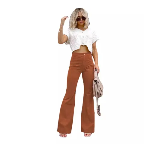 Women High Waist Corduroy Flare Pants Solid Color Streetwear Casual Long Trousers Bottom
