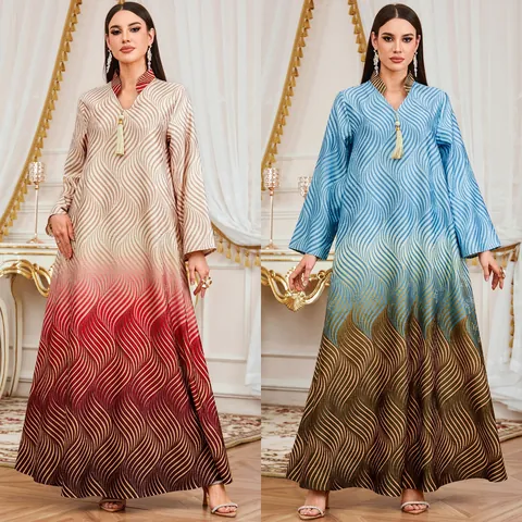 Elegant V-Neck Long Sleeve Digital Print Kaftan Maxi Dress Gradient Wave Pattern Tassel Detail Casual Loose Top And Bottom Dress For Women