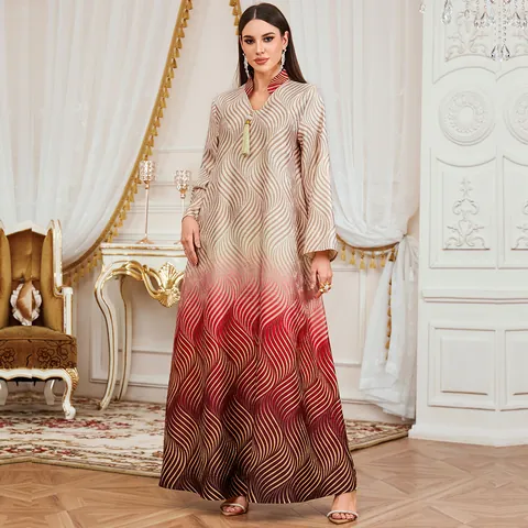 Elegant V-Neck Long Sleeve Digital Print Kaftan Maxi Dress Gradient Wave Pattern Tassel Detail Casual Loose Top And Bottom Dress For Women