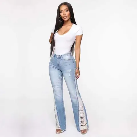 Women Light Blue Ripped Flared Jeans High Waist Distressed Denim Bell Bottom Pants Frayed Hem Bodycon Jeans