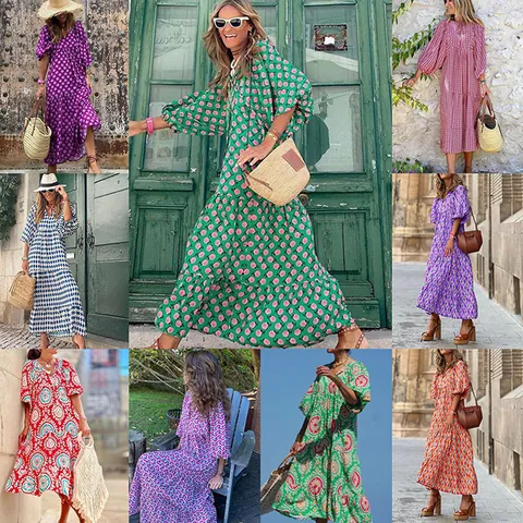Damen Herbst Geometrisches Patchwork Puffärmel Maxi Kleid Street Style Plus Size V-Ausschnitt Bedrucktes Stufenkleid Boho Freizeitkleid