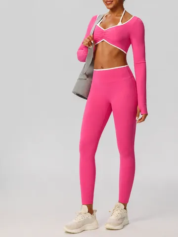 Completi da Yoga da Donna Top E Pantaloni Colore a Contrasto Manica Lunga Senza Schiena Allenamento Palestra Vita Alta Push-up Glutei Leggings Abbigliamento Sportivo