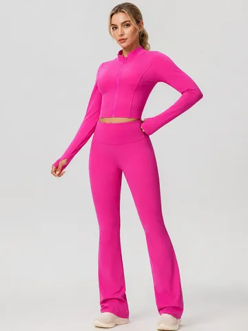 Dames Yoga Set Slim Fit Rits Jack Lange Mouw Hoge Taille Uitlopende Leggings Bilheffend Workout Outfit Top En Bottom