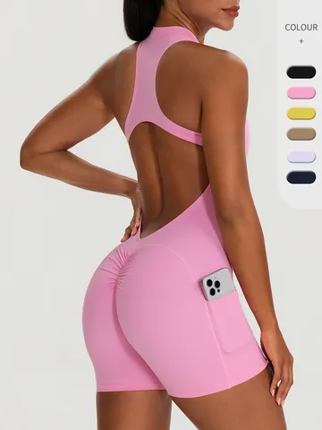 Damen Westlicher Stil Rückenfreier Yoga Jumpsuit Vorne Reißverschluss Hohe Elastizität Po-Lifting Fitness Romper Mit Seitentaschen