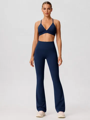 Dames Effen Kleur Yoga-set Geborstelde Sport-BH En Hoge Taille Flare Broek Top En Bottom Workout Activewear Fitness Outfit