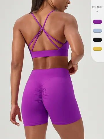 Women Sexy Criss-cross Back Yoga Bra And High Waist Scrunch Butt Shorts Nylon Spandex Sporty Workout Top And Bottom Fitness Set