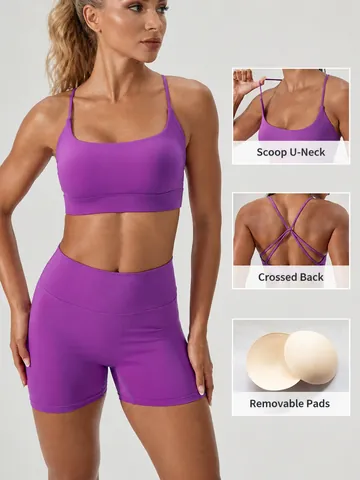 Women Sexy Criss-cross Back Yoga Bra And High Waist Scrunch Butt Shorts Nylon Spandex Sporty Workout Top And Bottom Fitness Set