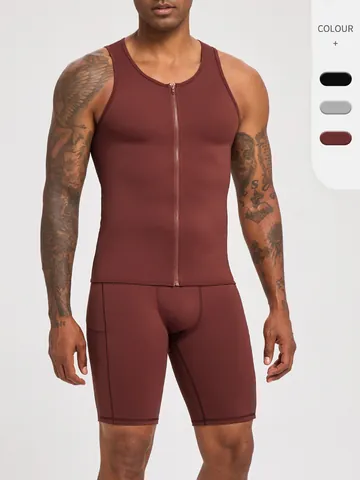 Men Compression Fitness Sportswear Set Top And Bottom Sleeveless Zipper Vest Five-Point Shorts Quick Dry Shaping Gym Suits