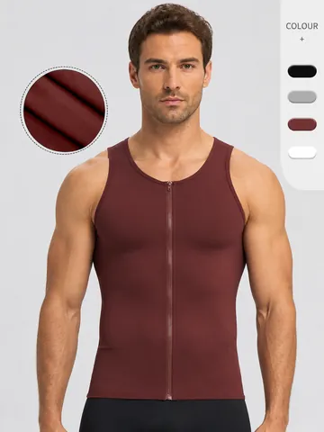 Men's Quick Dry Fitness Tank Top Slimming Body Shaper Sleeveless Zipper Sports Vest For Running Training Gym Workout Top
