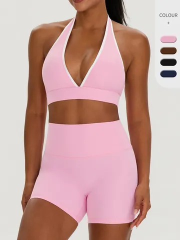 Γυναικείο Ευρωπαϊκό Στυλ Ψηλόμεσο Yoga Fitness Top And Bottom Νάιλον Ελαστάνη Διπλό Βουρτσισμένο Αθλητικό Μπουστάκι και Σορτς