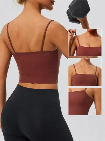 Damen Sexy Verstellbares Spaghetti-Träger Sport Tanktop Mit Integriertem Brustpolster Schnelltrocknend Atmungsaktiv Yoga Fitness Top