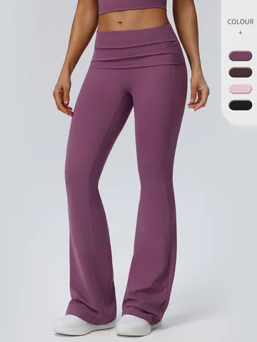 Women Flare Yoga Pants With Fold-Over Waist Skinny High Stretch Hip Lifting Athletic Flare Leggings For Fitness Running Workout Bottom